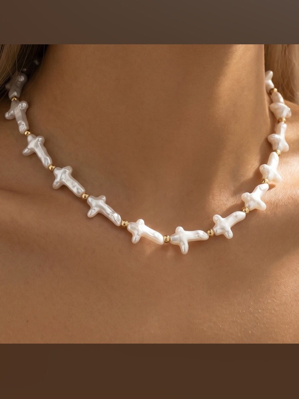 Gold Accent White Baroque Cross Pearl Necklace